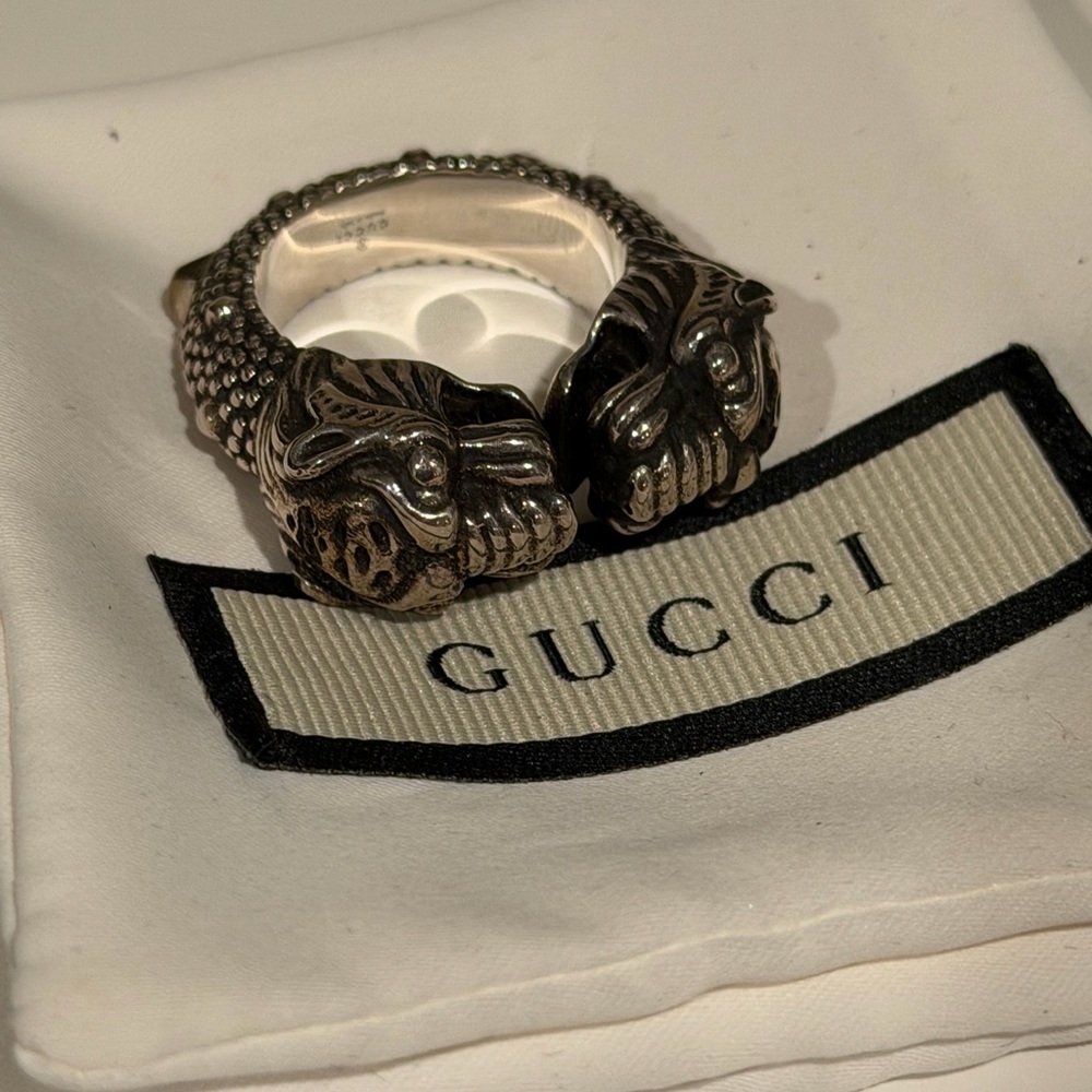 Gucci Silver-Tone Double Tiger Head Ring